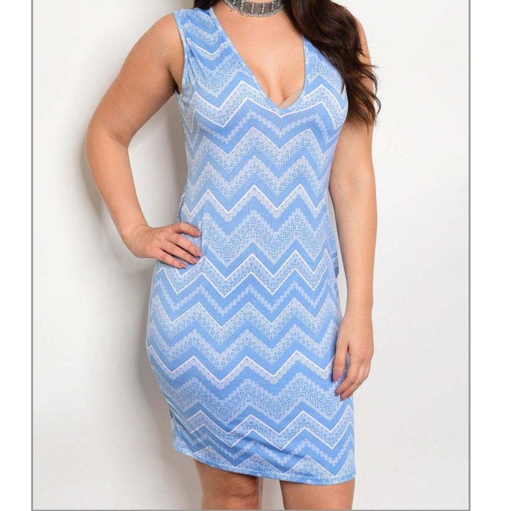 Plus Size - Baby Blue & White Chevron Dress